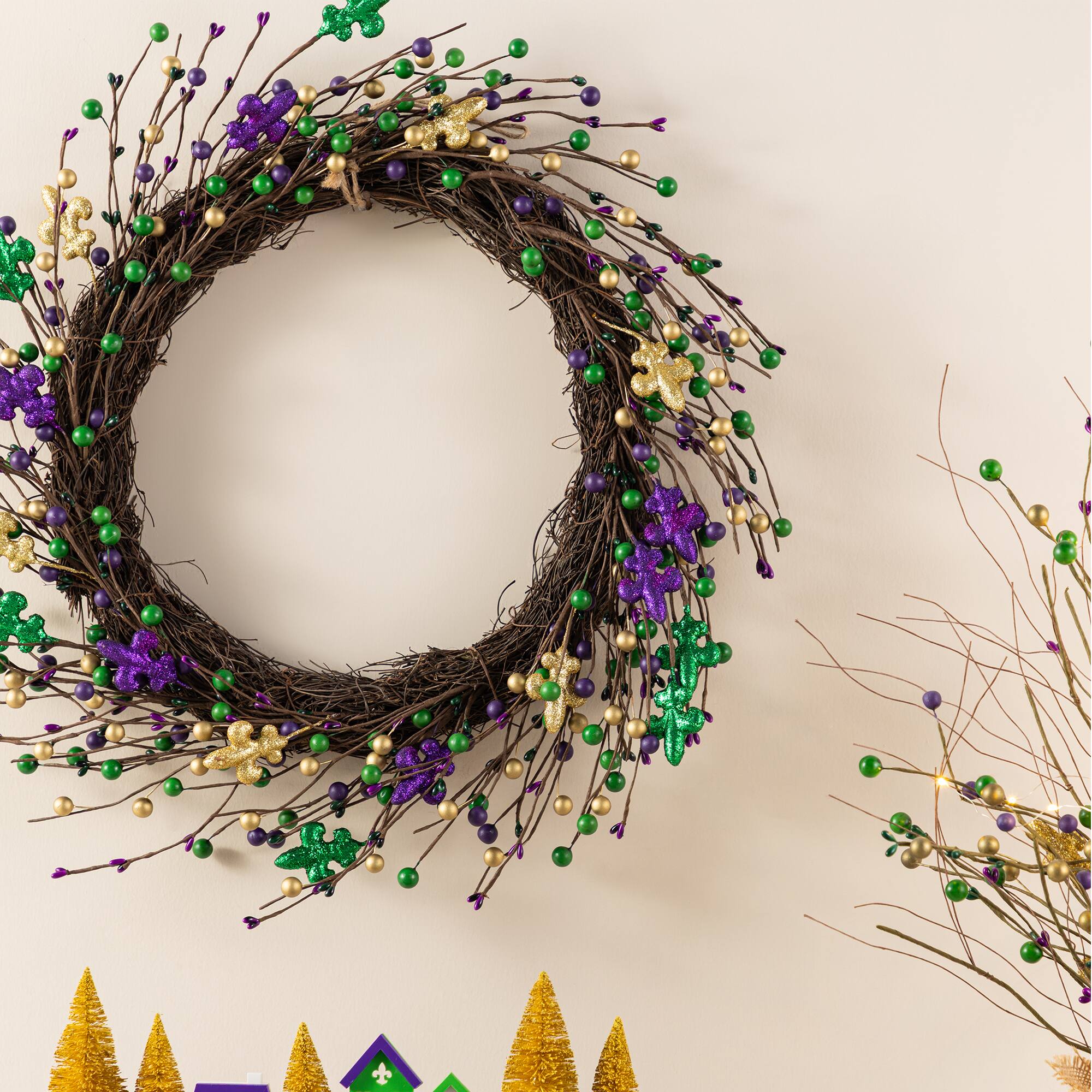 Glitzhome® 20" Mardi Gras Berry & Fleur-de-Lis Wreath